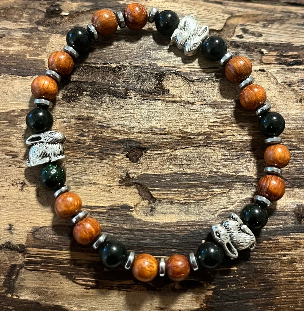 Rabbits with Green Goldstone, Hematite and Wood Bracelet, For A Cause