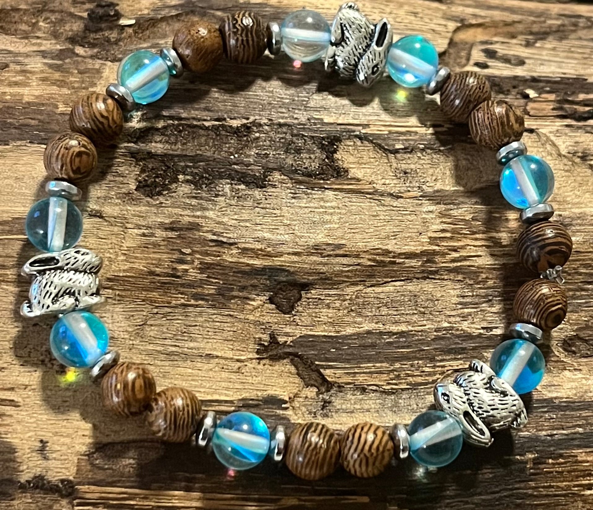 Rabbits with Aqua Blue Mystic Aura Quartz, Hematite and Wood Bracelet, For A Cause