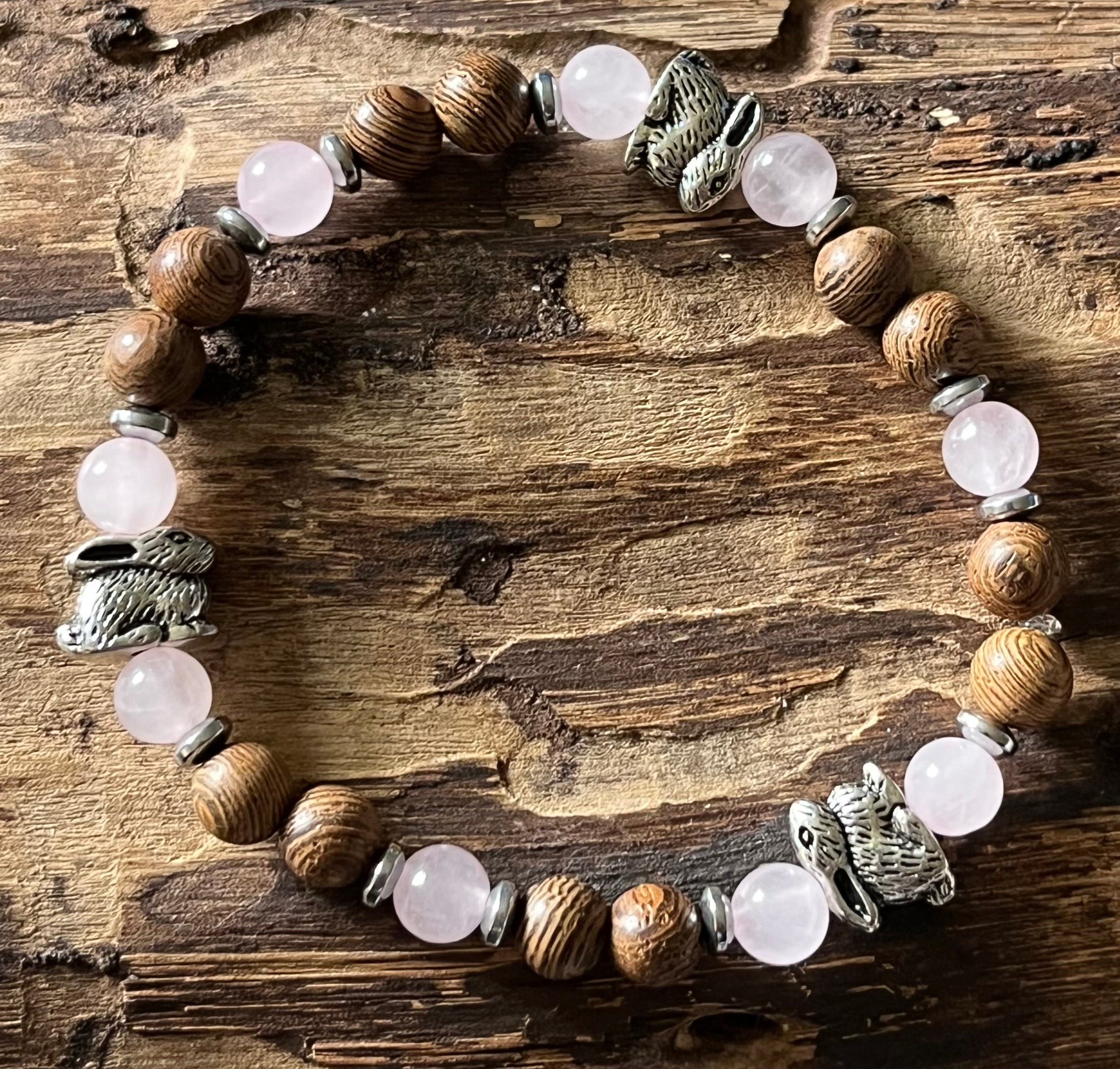 Rabbits with Rose Quartz, Hematite and Wood Bracelet, For A Cause