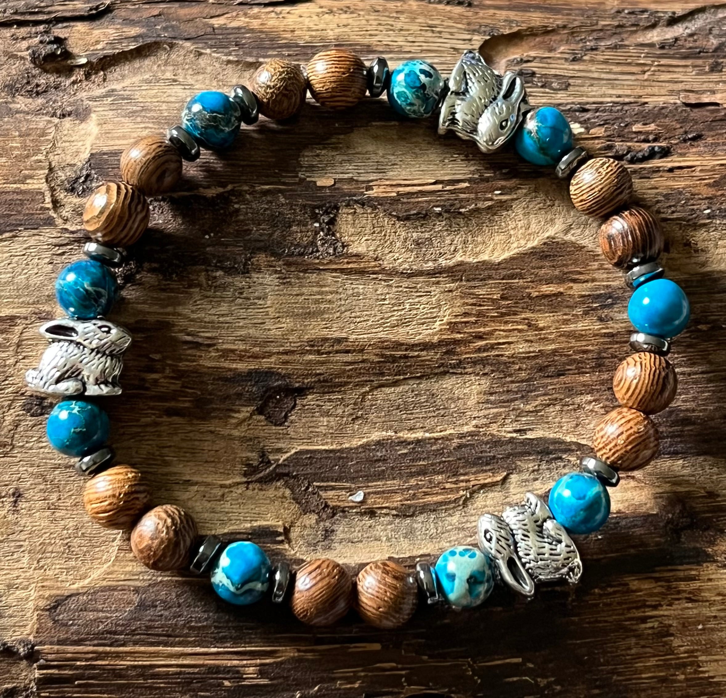 Rabbits with Deep Blue Sea Sediment Imperial Jasper, Gun Metal Hematite and Wood Bracelet, For A Cause