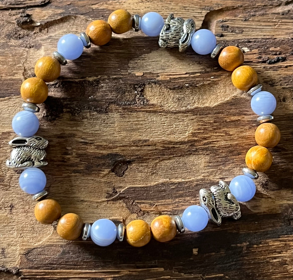 Rabbits with Blue Banded Sea Sediment Jasper, Hematite and Wood Bracelet, For A Cause