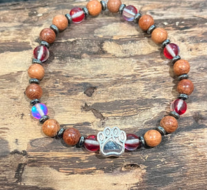 Paw Print with Red Mystic Aura Quartz, Gun Metal Hematite, and Wood Bracelet