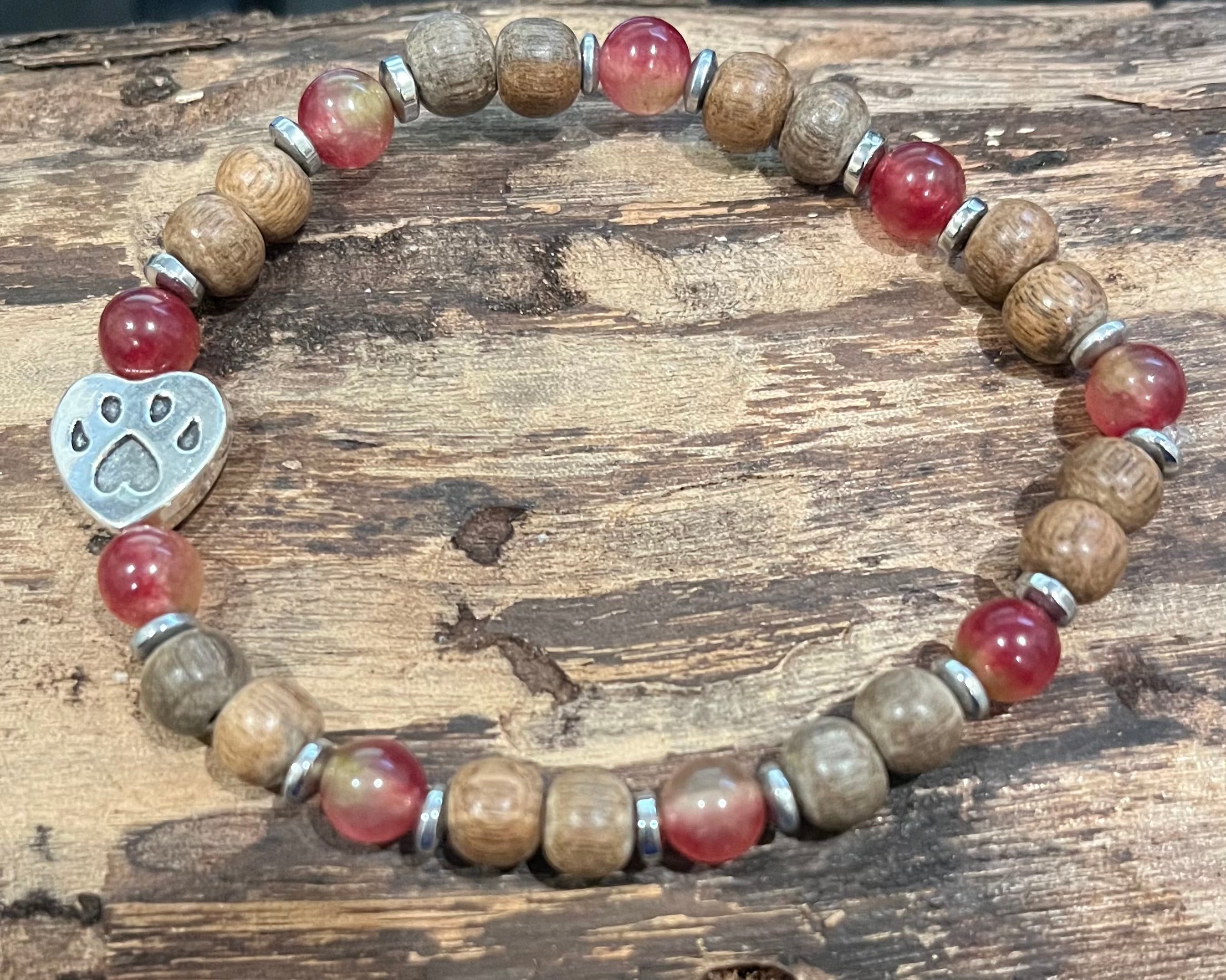 Paw Print with Watermelon Malaysian Jade, Hematite, and Wood Bracelet