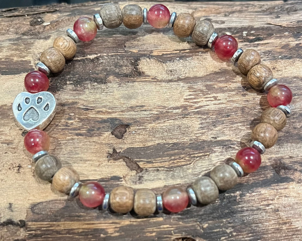Paw Print with Watermelon Malaysian Jade, Hematite, and Wood Bracelet