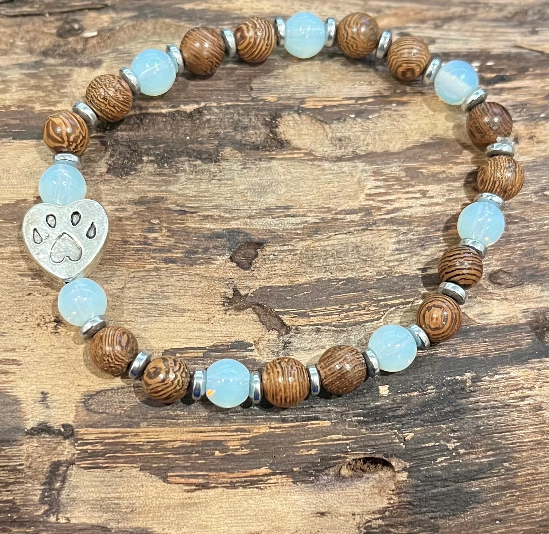 Paw Print with Opalite, Hematite, and Wood Bracelet