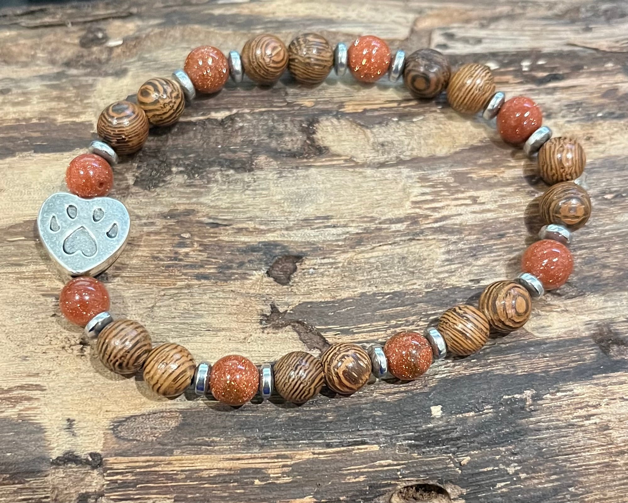 Paw Print with Goldstone, Hematite, and Wood Bracelet