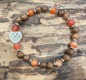 Paw Print with Fire Agate, Hematite, and Wood Bracelet
