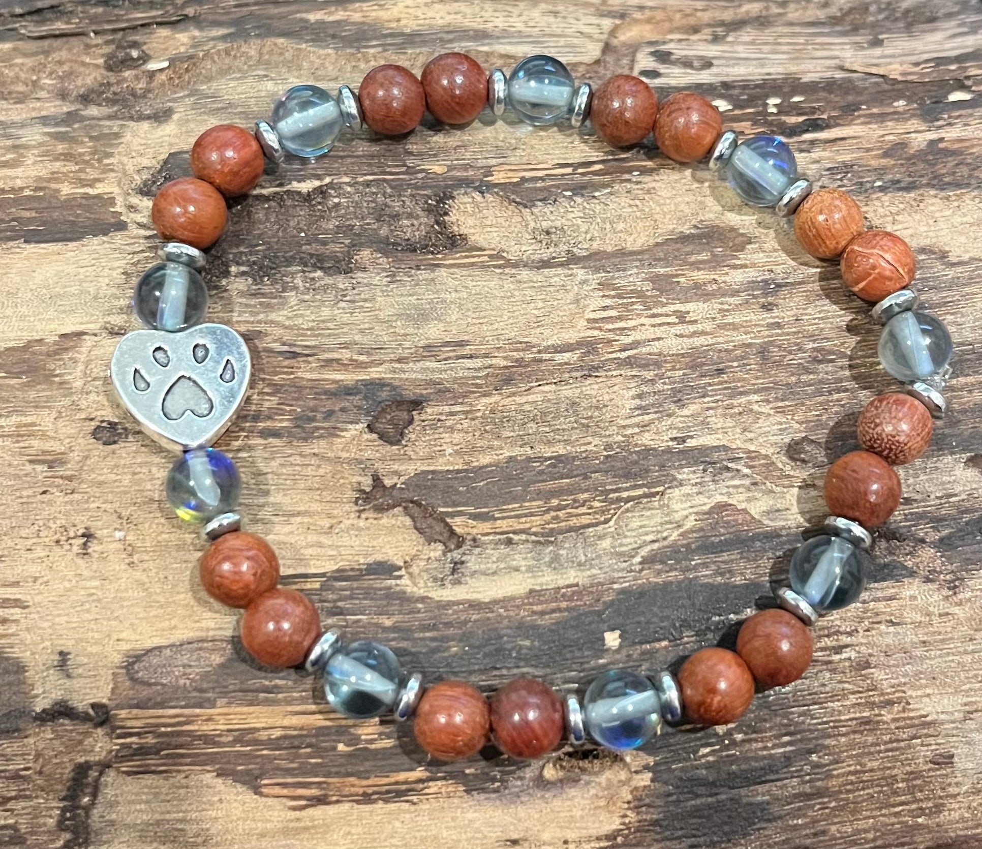 Paw Print with Grey Mystic Aura Quartz, Hematite, and Wood Bracelet, For A Cause