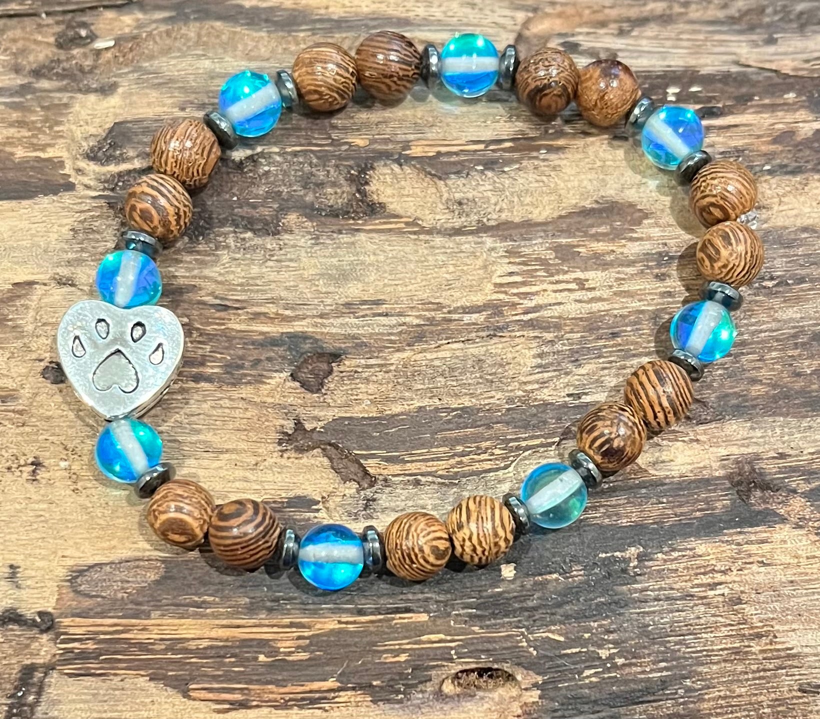 Paw Print with Aqua Blue Mystic Aura Quartz, Gun Metal Hematite, and Wood Bracelet, For A Cause