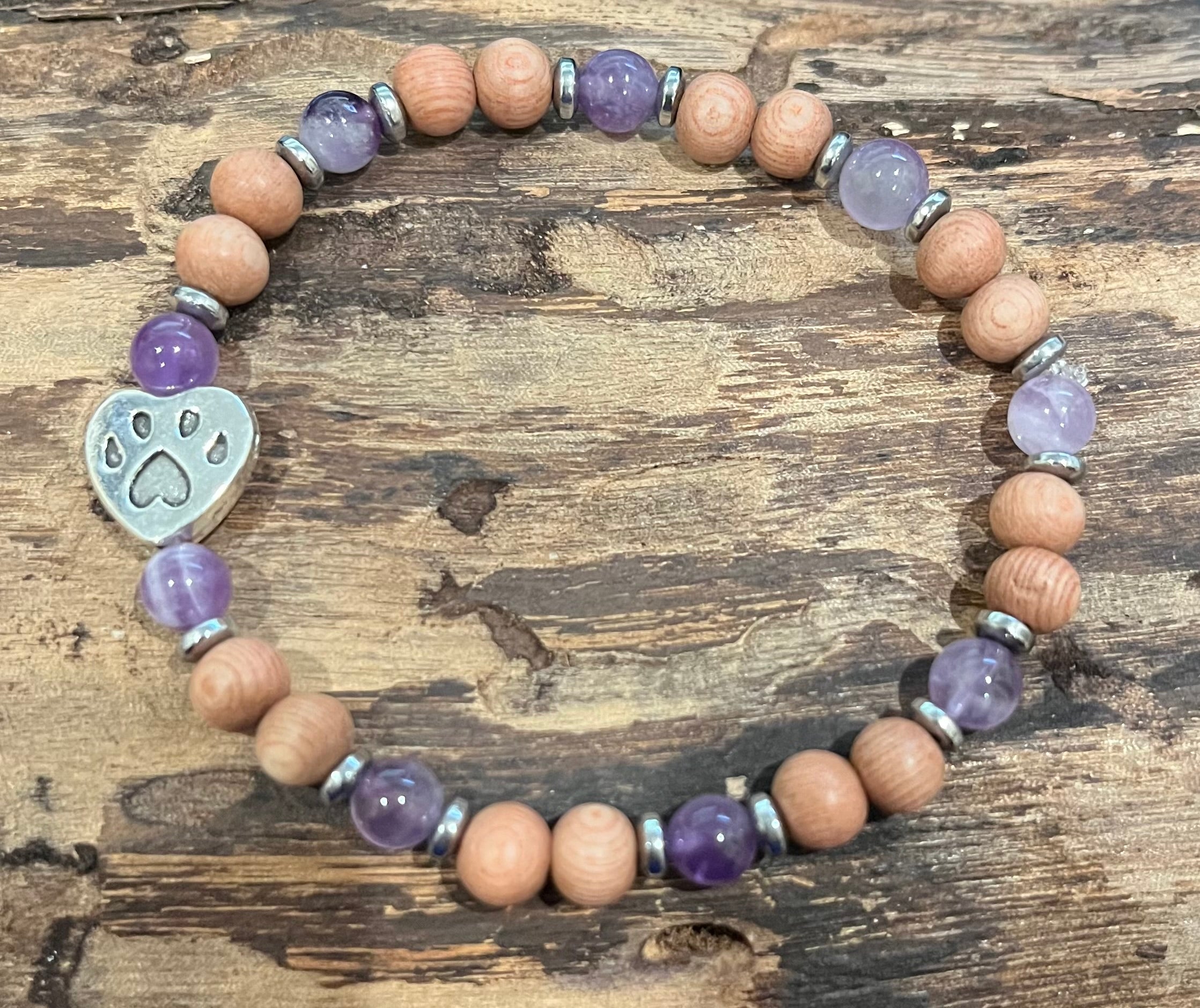 Paw Print with Amethyst, Hematite, and Wood Bracelet