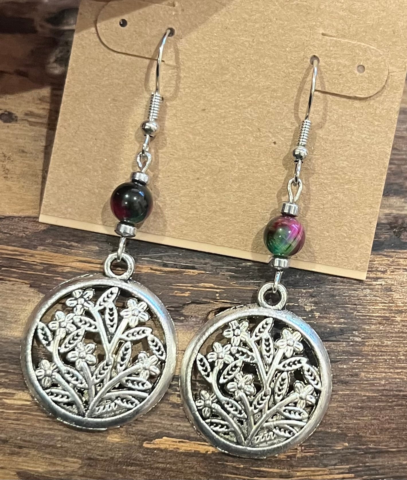 Flowers with Green and Pink Tiger Eye and Hematite Earrings