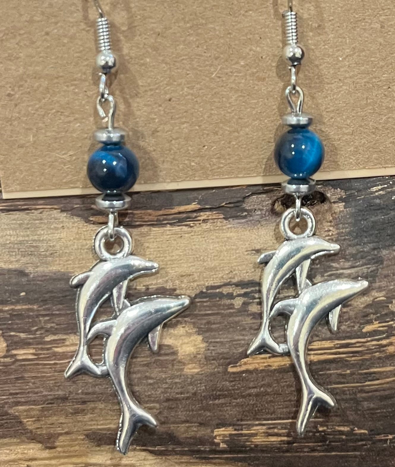 Dolphins with Blue Green Tiger Eye and Hematite Earrings
