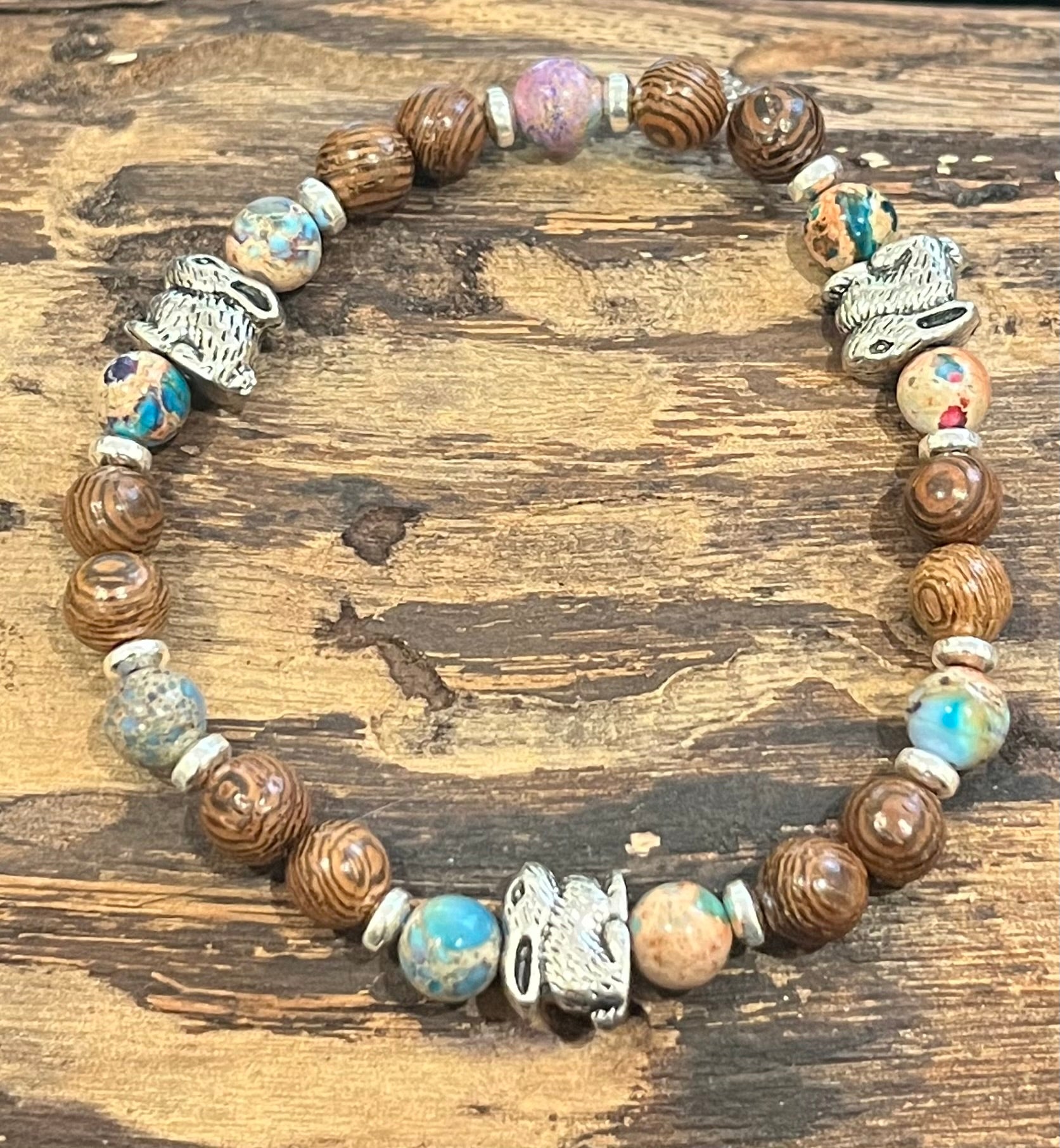 Rabbits with Icy Blue and Purple Sea Sediment Imperial Jasper, Silver Hematite and Wood Bracelet, For A Cause