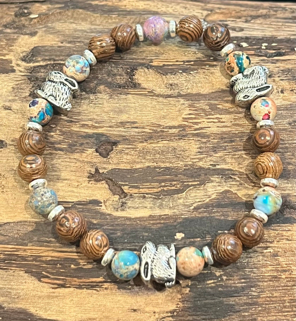 Rabbits with Icy Blue and Purple Sea Sediment Imperial Jasper, Silver Hematite and Wood Bracelet, For A Cause