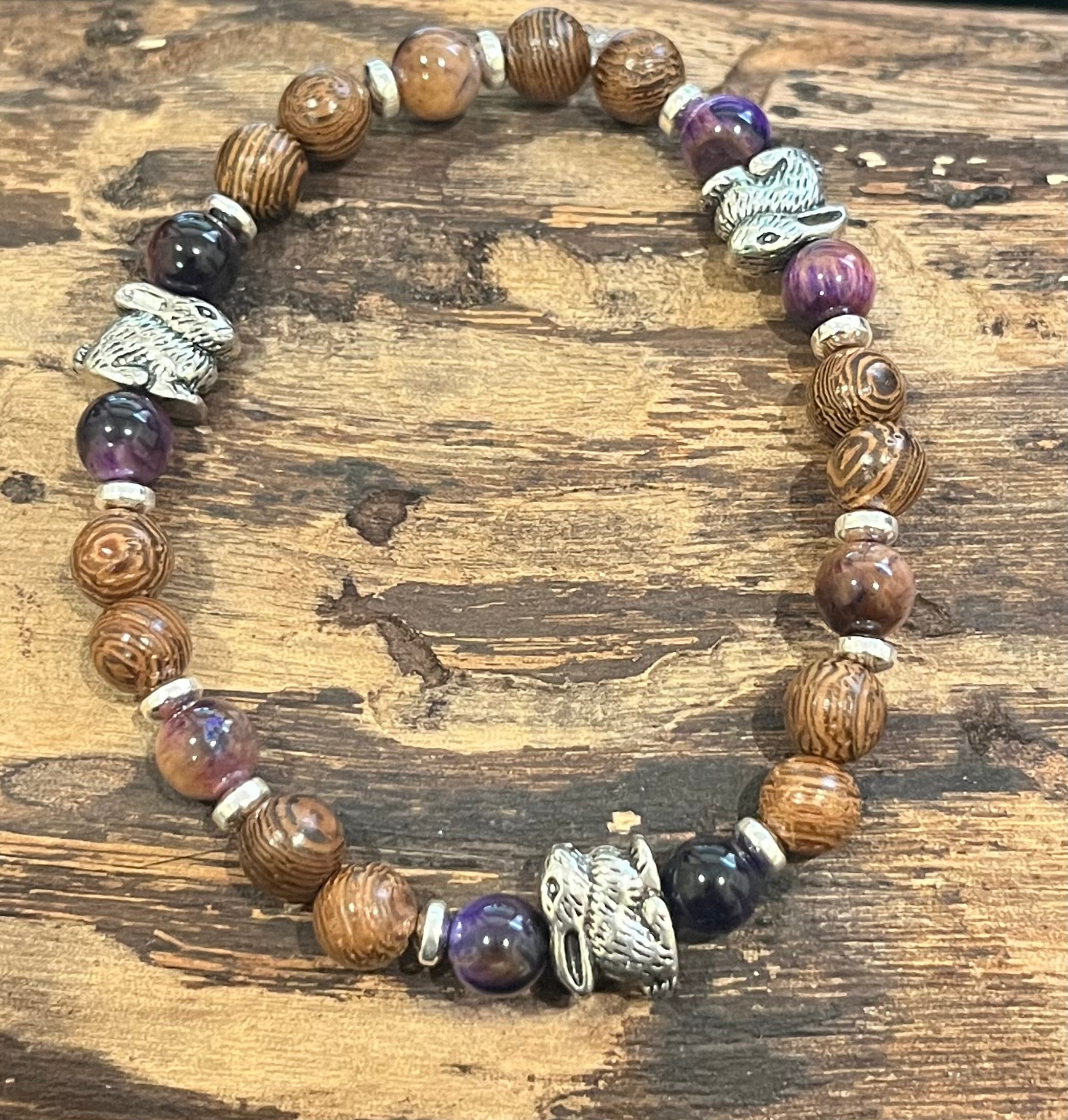 Rabbits with Purple Blue Tiger Eye, Silver Hematite and Wood Bracelet, For A Cause