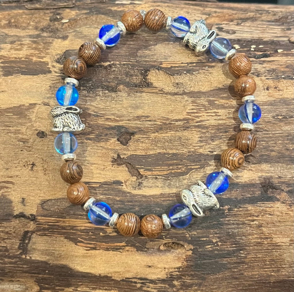 Rabbits with Sky Blue Mystic Aura Quartz, Silver Hematite and Wood Bracelet, For A Cause