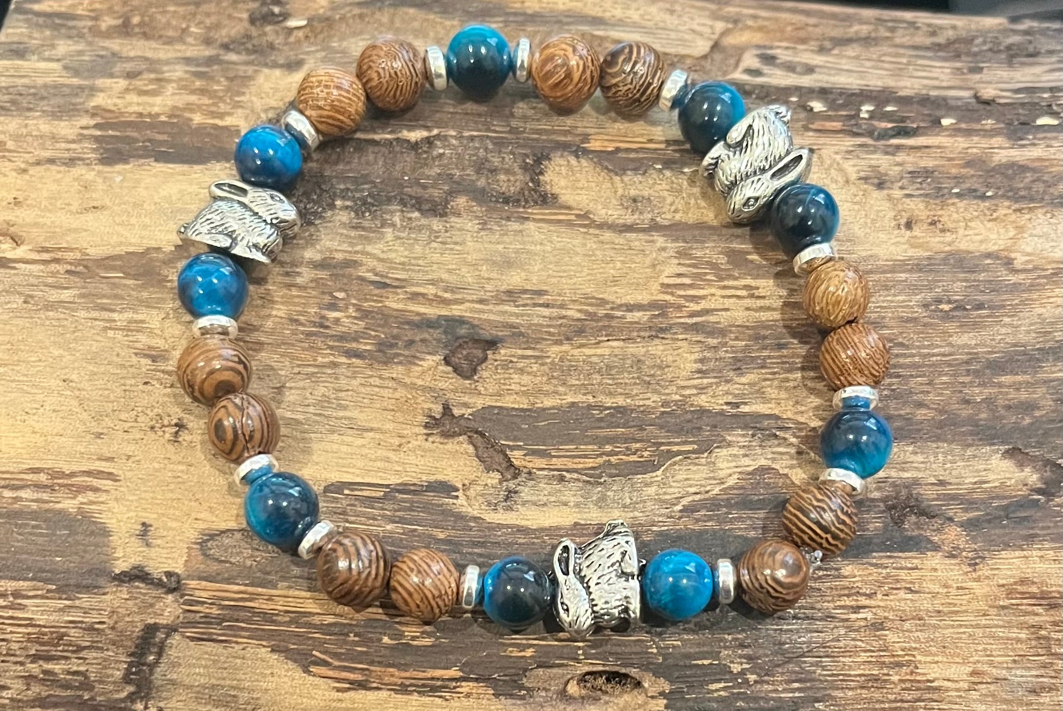 Rabbits with Blue Green Tiger Eye, Silver Hematite and Wood Bracelet, For A Cause