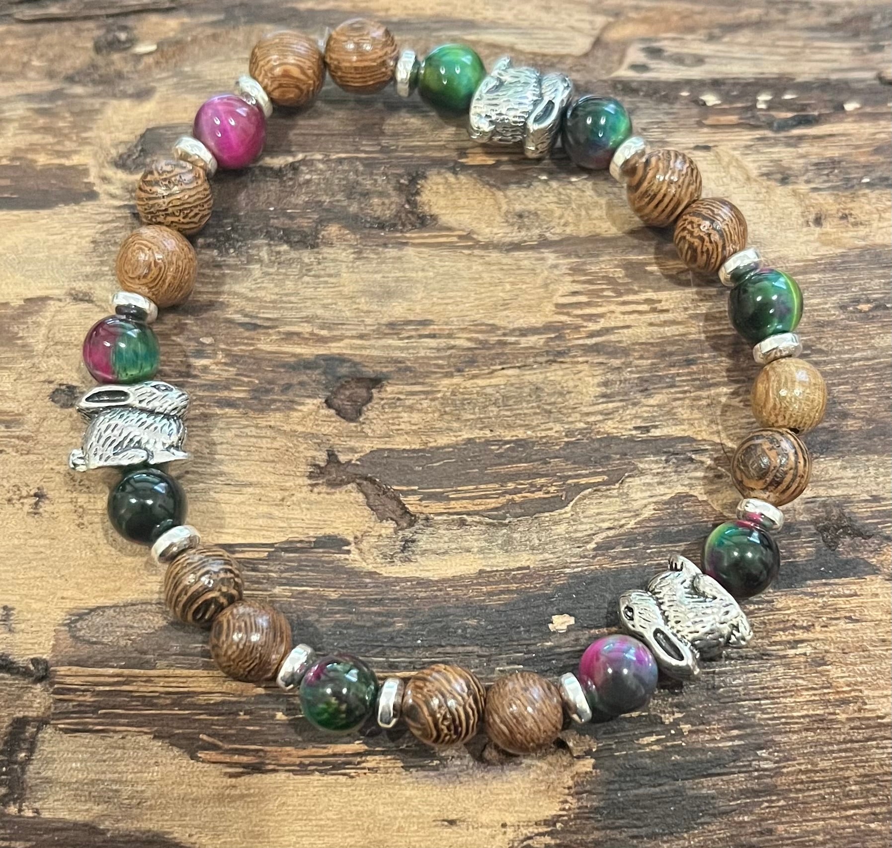 Rabbits with Green and Pink Tiger Eye, Silver Hematite and Wood Bracelet, For A Cause