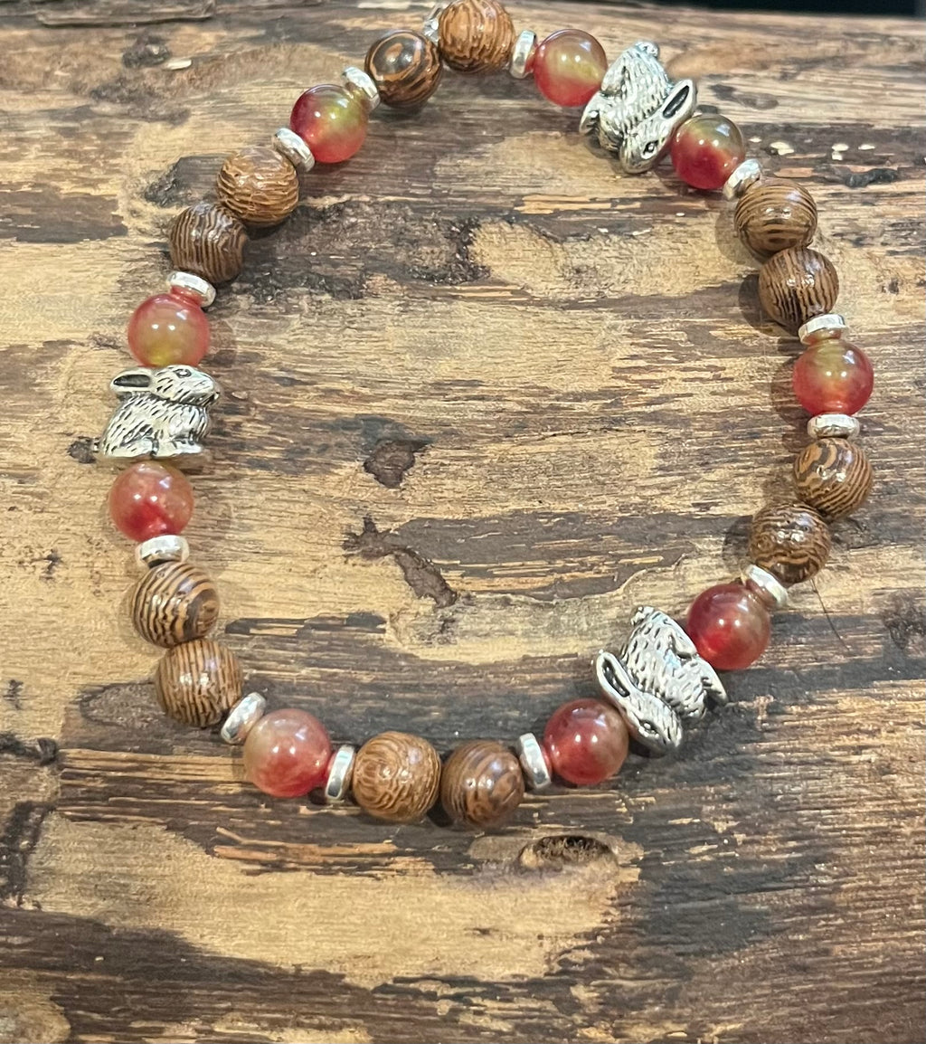 Rabbits with Watermelon Malaysian Jade, Silver Hematite and Wood Bracelet, For A Cause