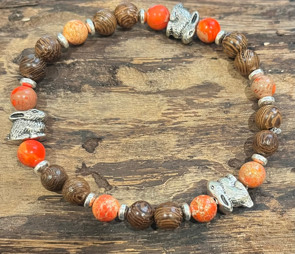 Rabbits with Red Orange Sea Sediment Imperial Jasper, Silver Hematite and Wood Bracelet, For A Cause