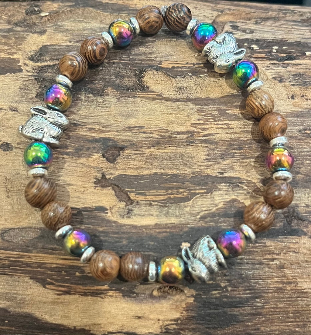 Rabbits with Rainbow Hematite, Silver Hematite and Wood Bracelet, For A Cause