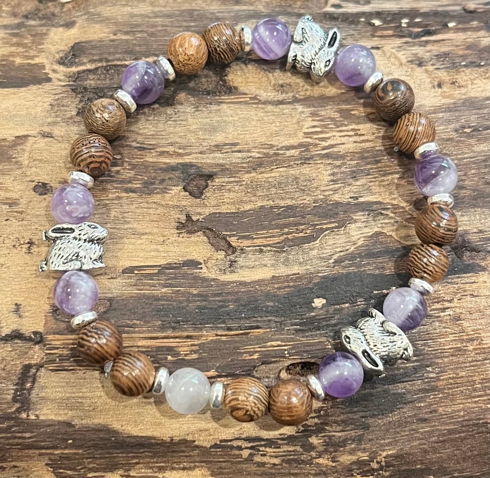 Rabbits with Amethyst, Silver Hematite and Wood Bracelet, For A Cause