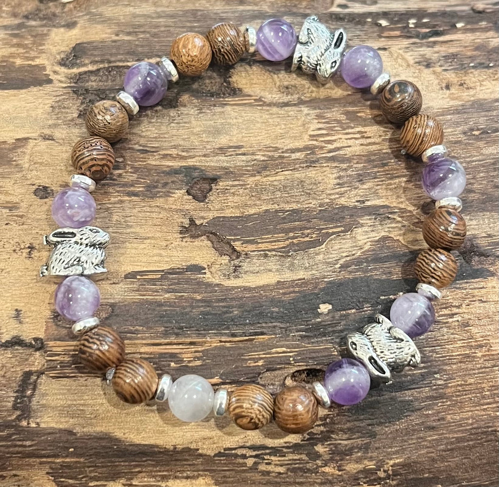 Rabbits with Amethyst, Silver Hematite and Wood Bracelet, For A Cause