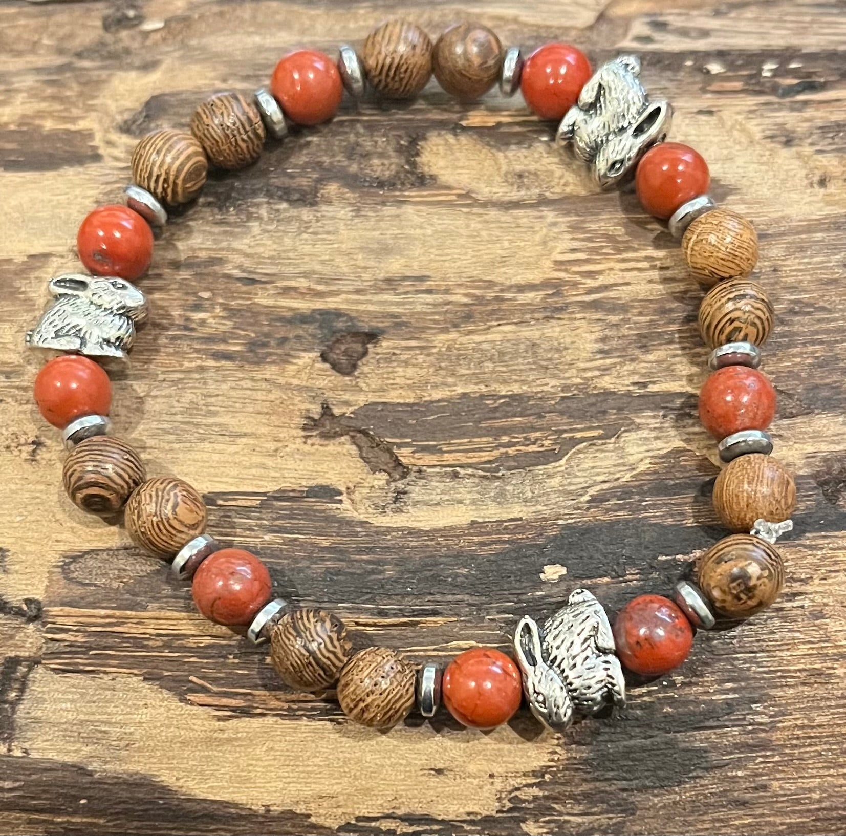 Rabbits with Red Jasper, Silver Hematite and Wood Bracelet, For A Cause