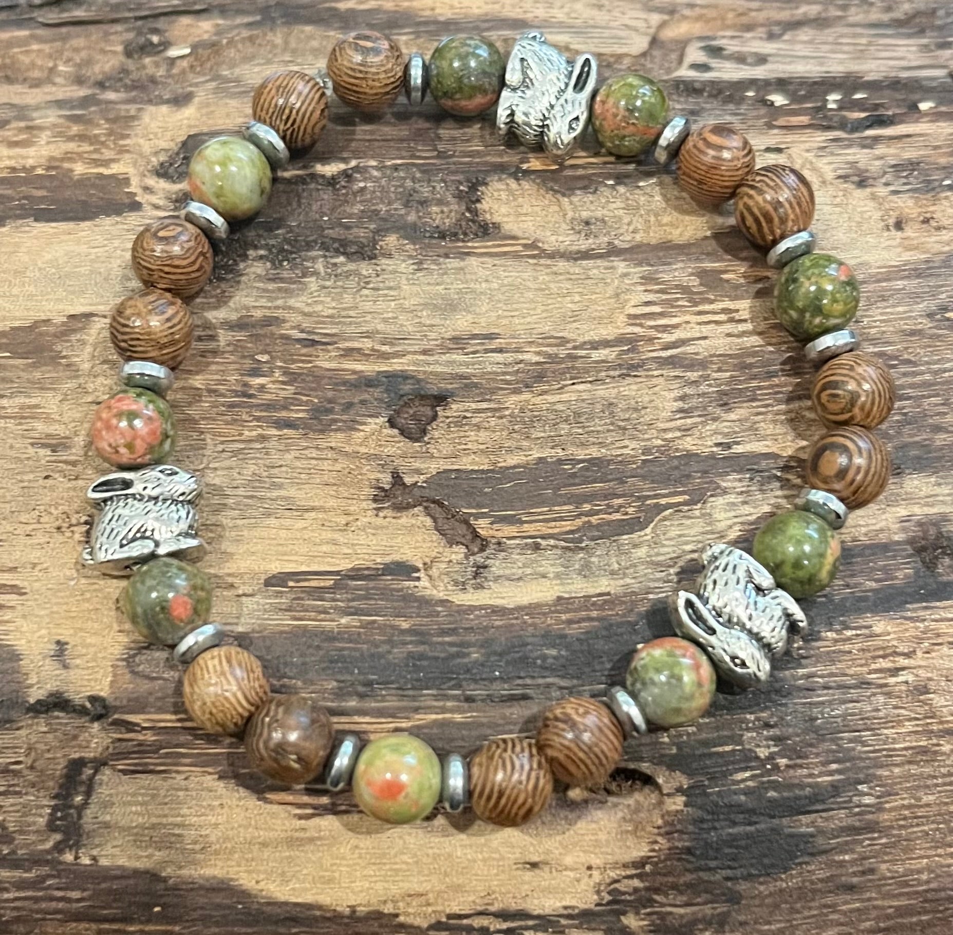 Rabbits with Unakite, Silver Hematite and Wood Bracelet, For A Cause