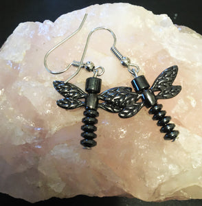 Black Dragonfly with Hematite Earrings