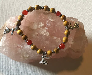 Rabbit Charms with Carnelian, Hematite and Wood Bracelet.