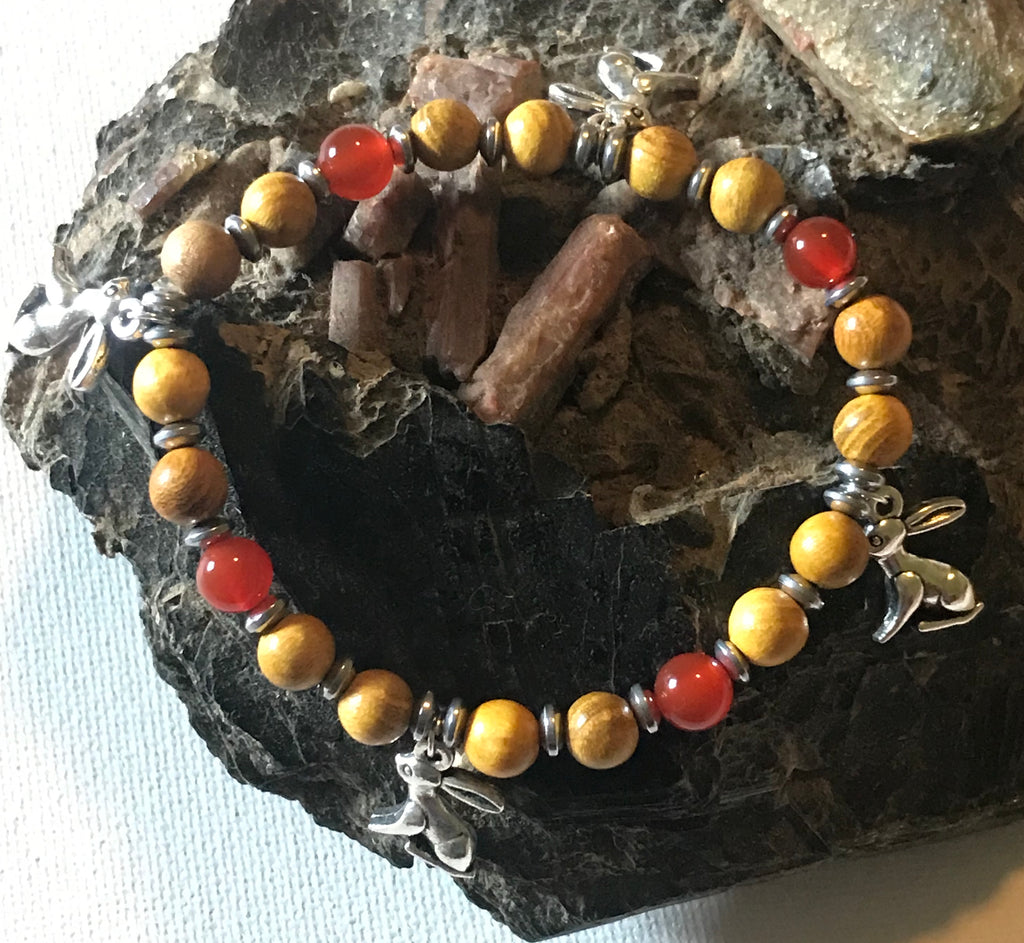 Rabbit Charms with Carnelian, Hematite and Wood Bracelet.