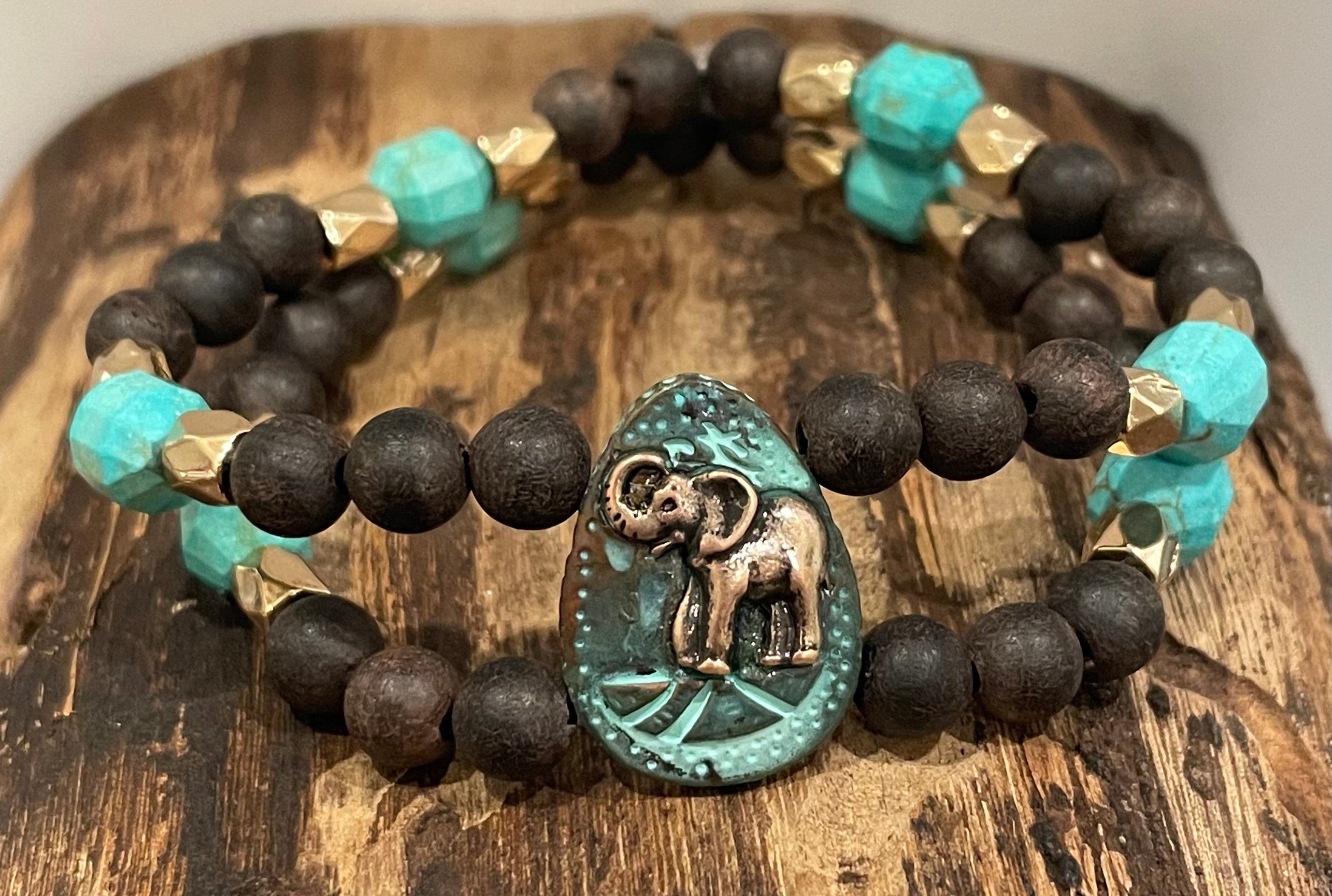 Gold Elephant with Turquoise, Hematite and Wood Bracelet, Duet