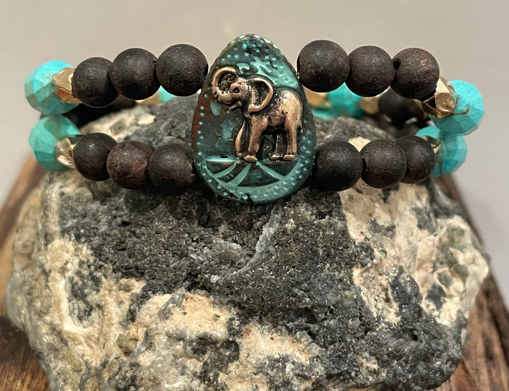 Gold Elephant with Turquoise, Hematite and Wood Bracelet, Duet