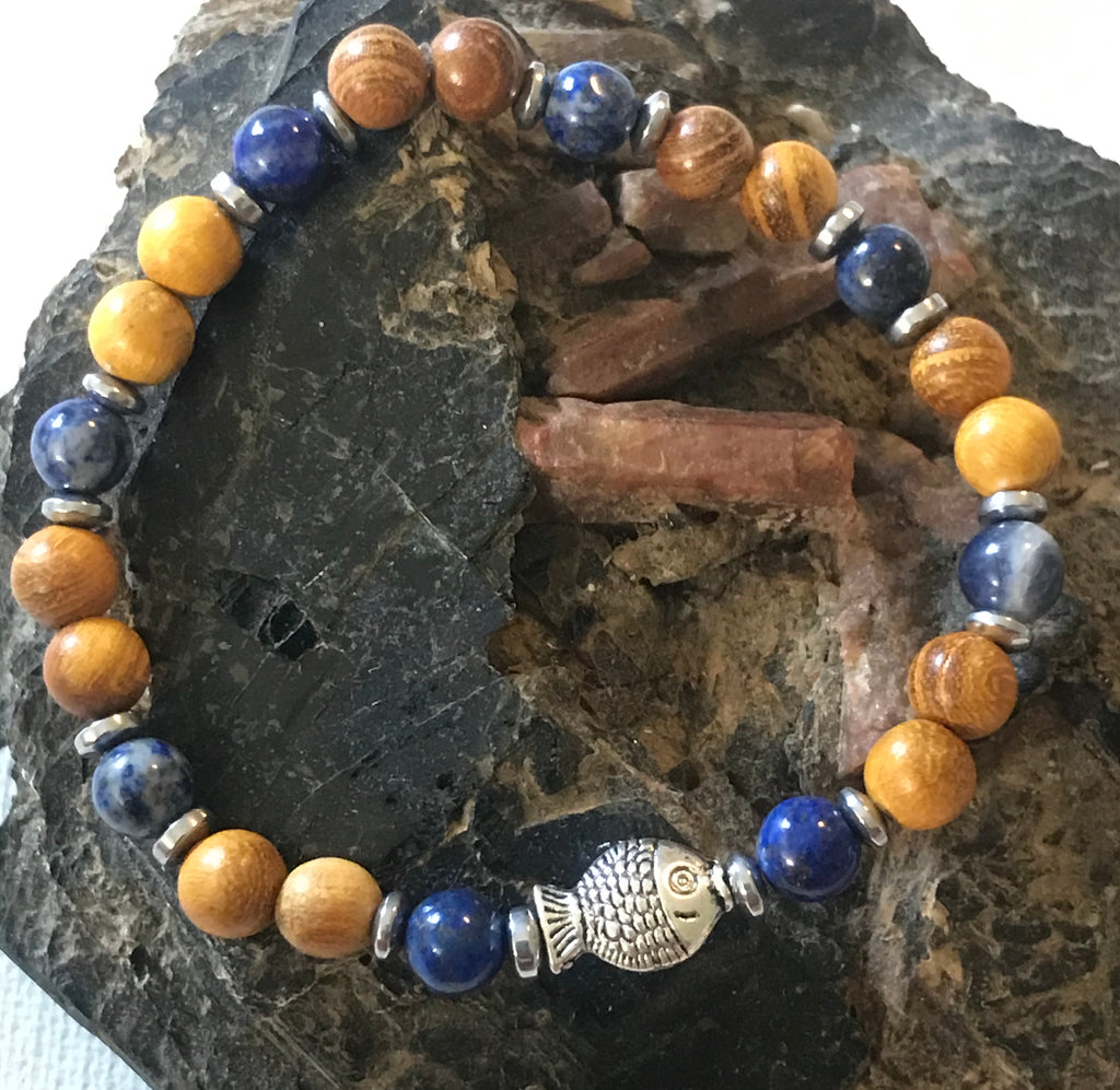 Fish with Sodalite, Hematite and Wood Bracelet