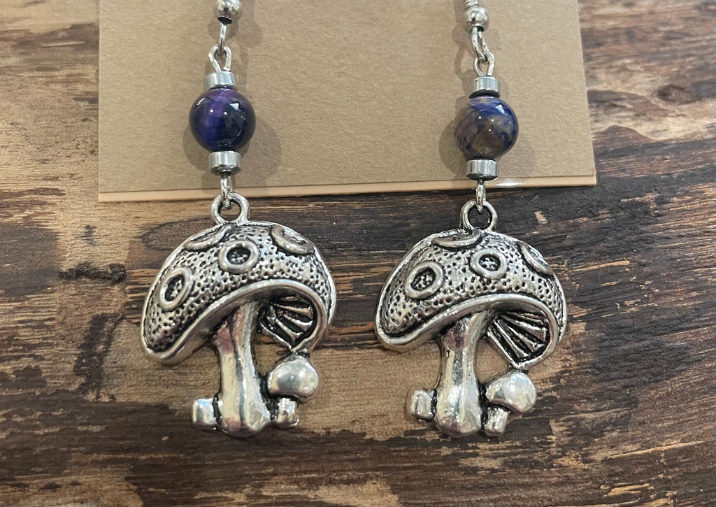Mushrooms with Purple and Blue Tiger Eye Earrings
