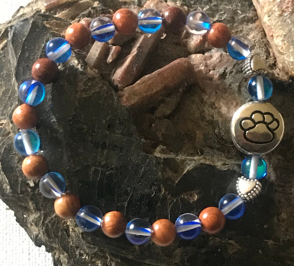 Paw Print with Royal Blue Mystic Aura Quartz and Wood Bracelet, For  A Cause