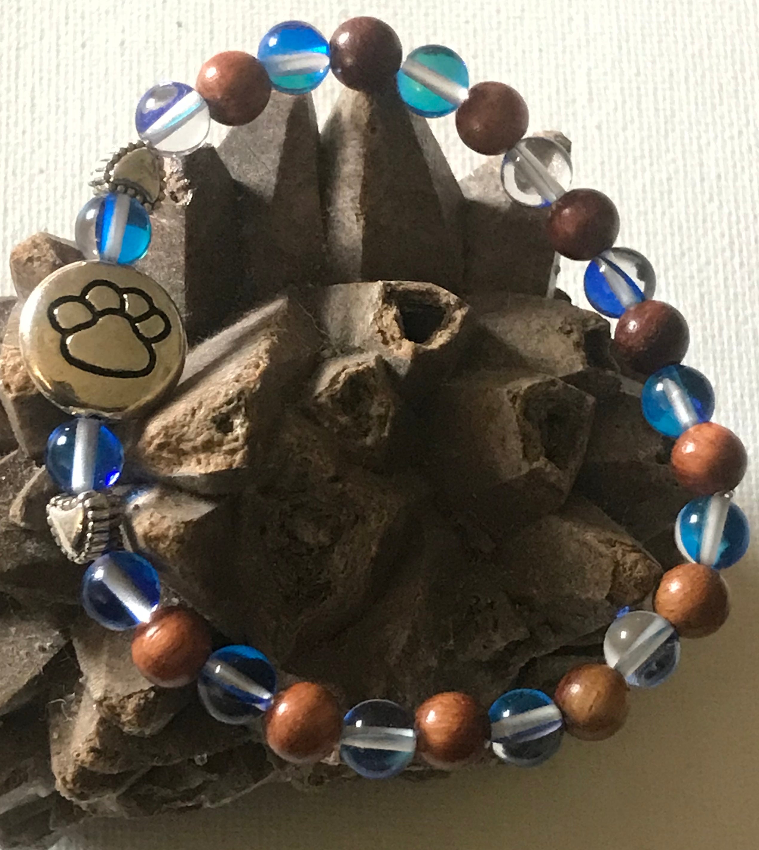 Paw Print with Royal Blue Mystic Aura Quartz and Wood Bracelet, For  A Cause