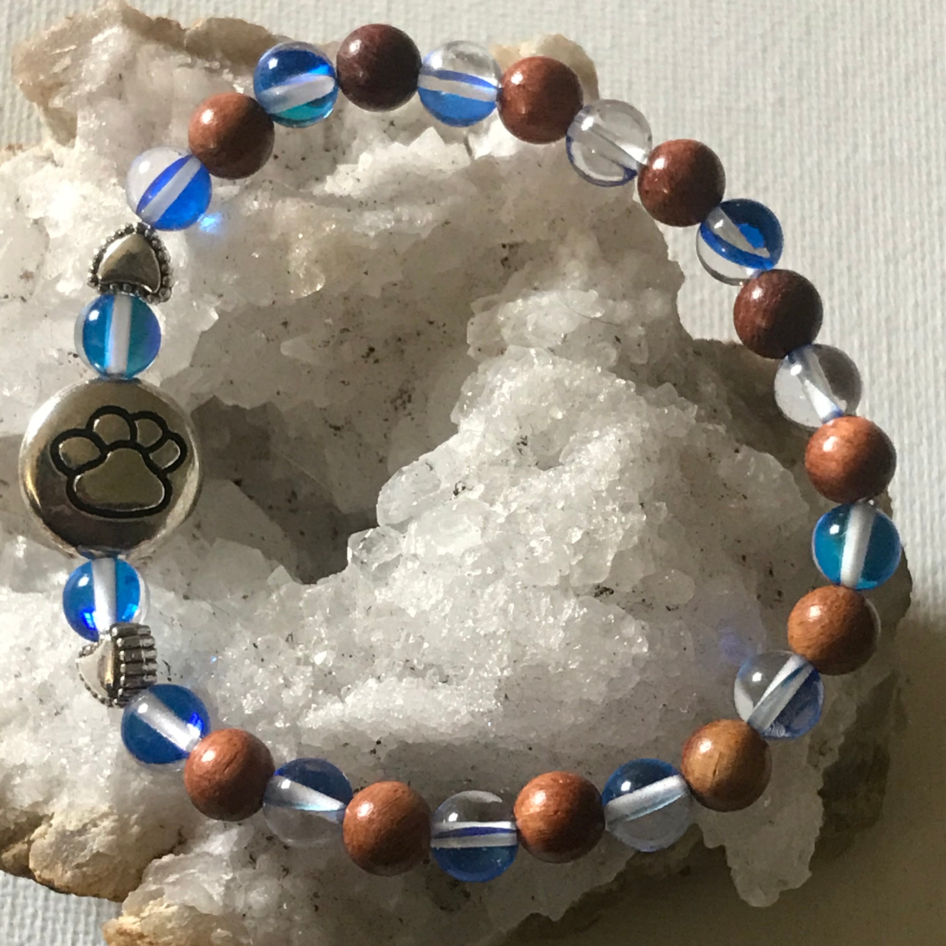 Paw Print with Royal Blue Mystic Aura Quartz and Wood Bracelet, For  A Cause