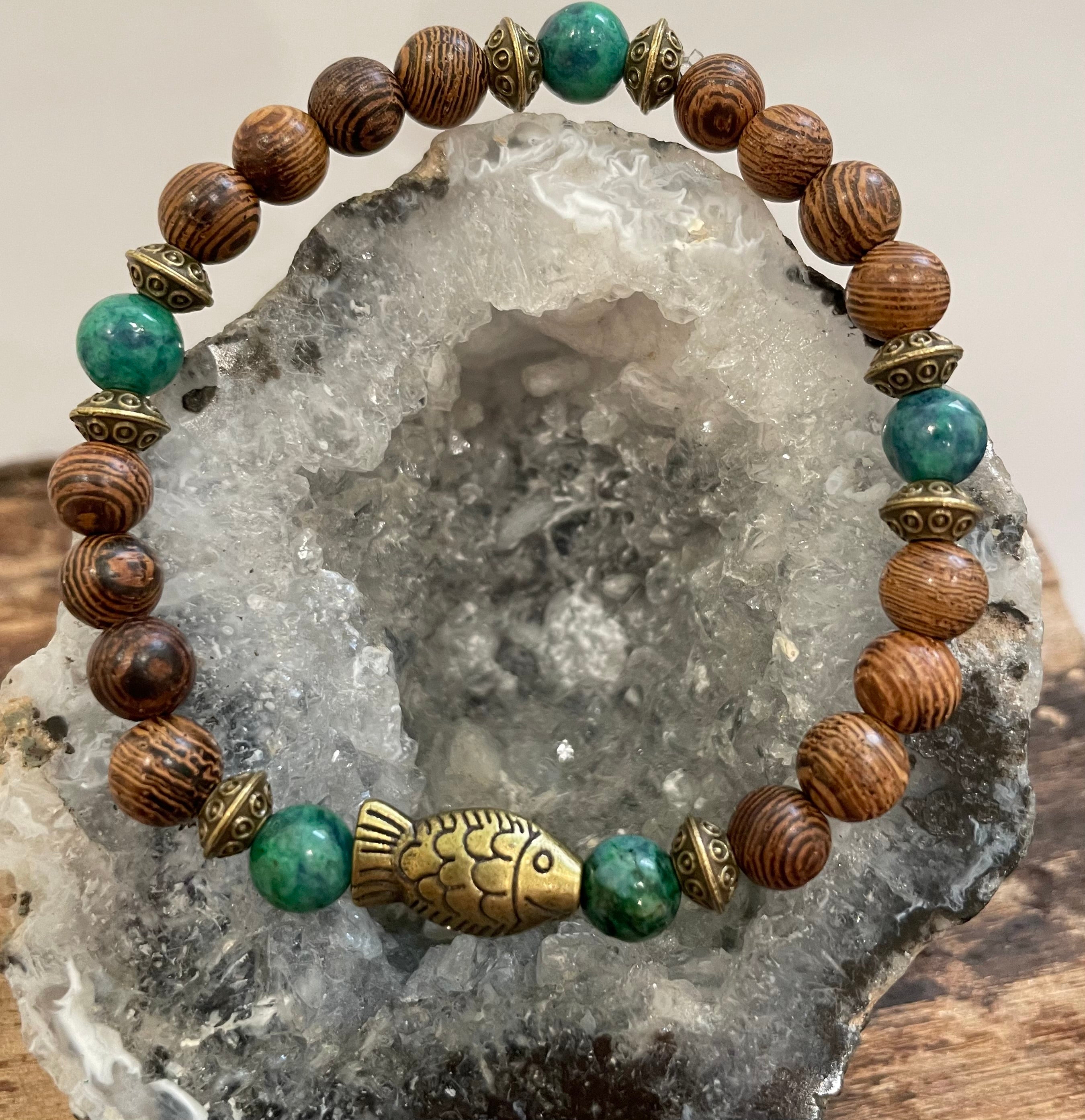 Fish with Chrysocolla-Malachite and Wood Bracelet