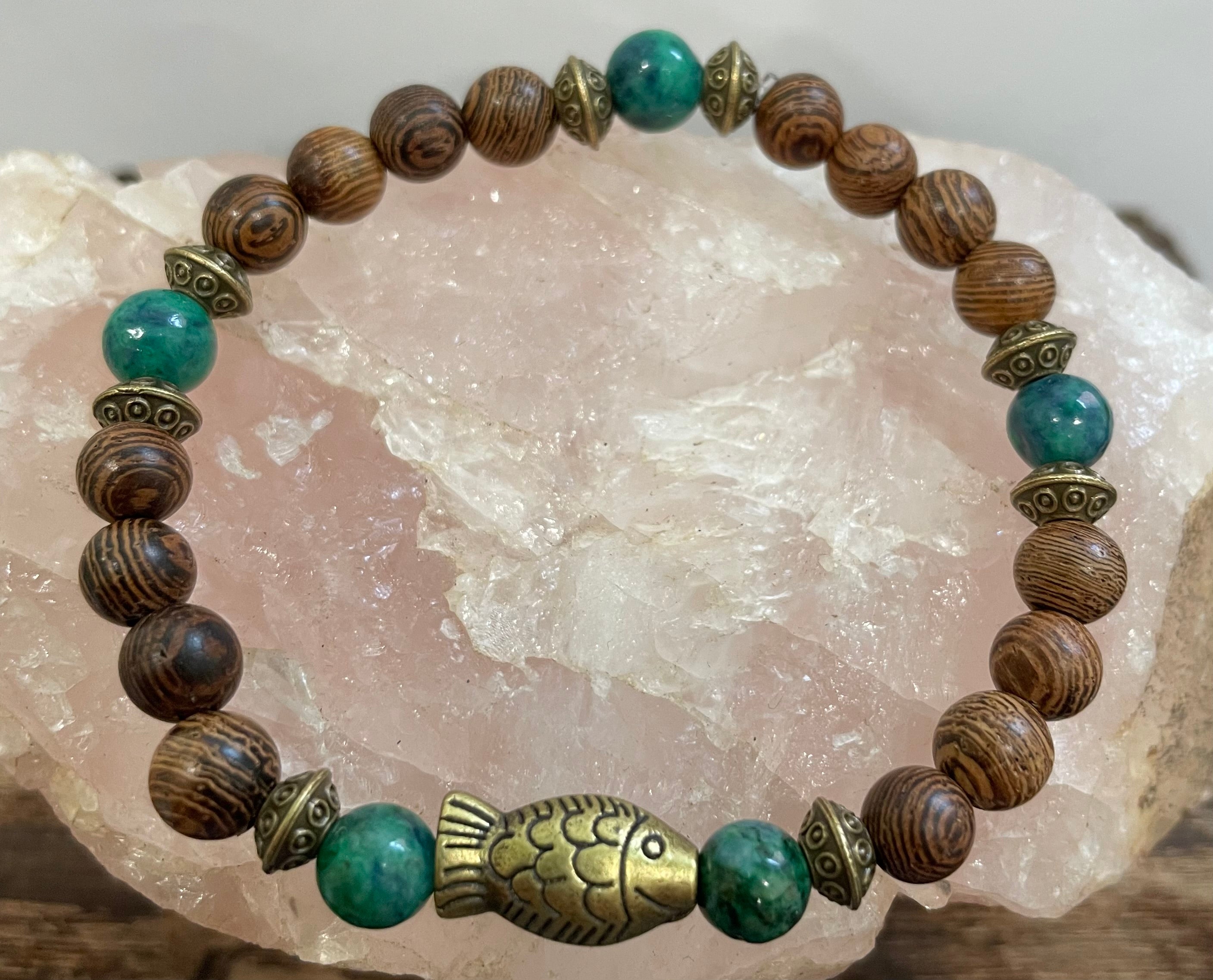 Fish with Chrysocolla-Malachite and Wood Bracelet