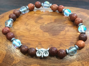 Owl Eyes with Aqua Blue Mystic Aura Quartz, Hematite and Wood Bracelet