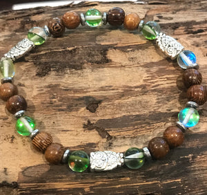 Owls with Green Mystic Aura Quartz, Hematite and Wood Bracelet