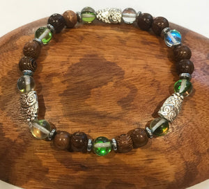 Owls with Green Mystic Aura Quartz, Hematite and Wood Bracelet