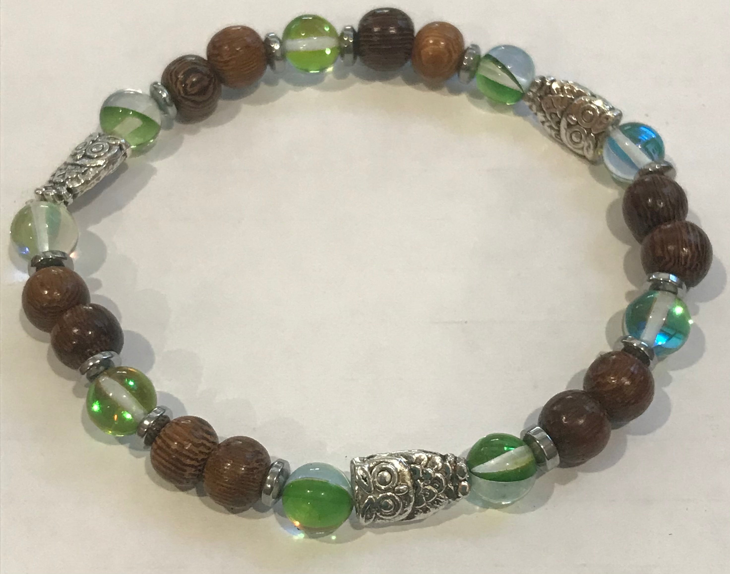 Owls with Green Mystic Aura Quartz, Hematite and Wood Bracelet