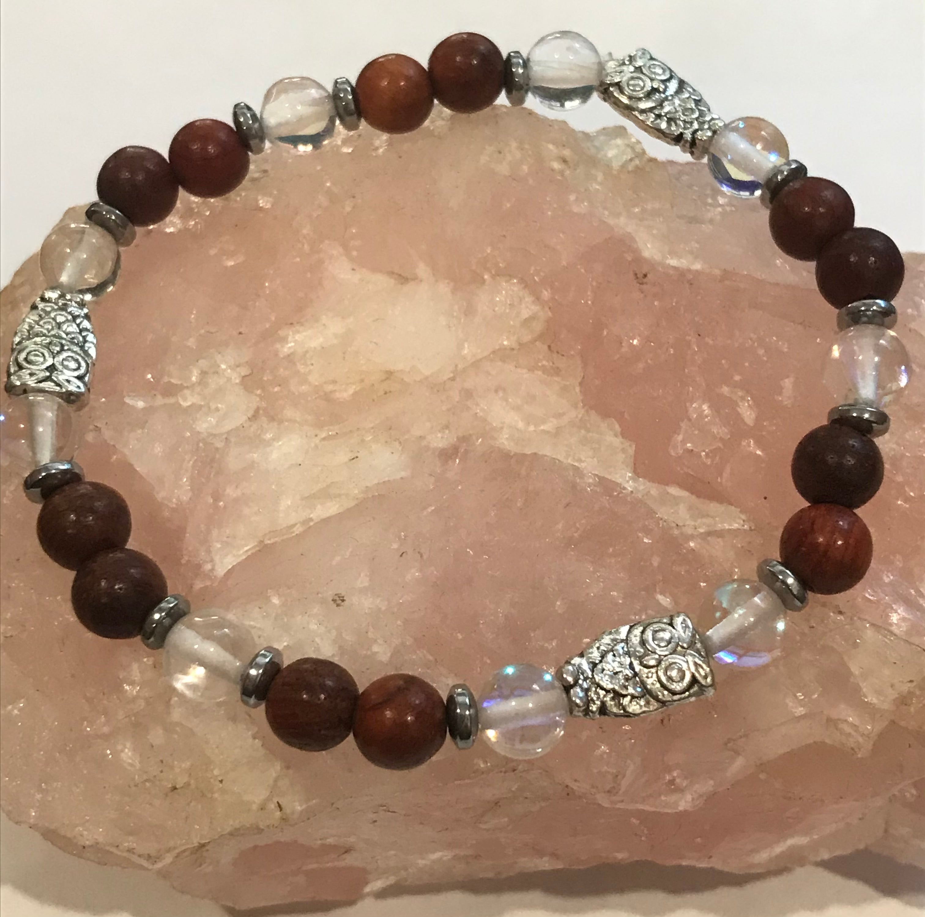 Owls with Mystic Aura Quartz, Hematite and Wood Bracelet