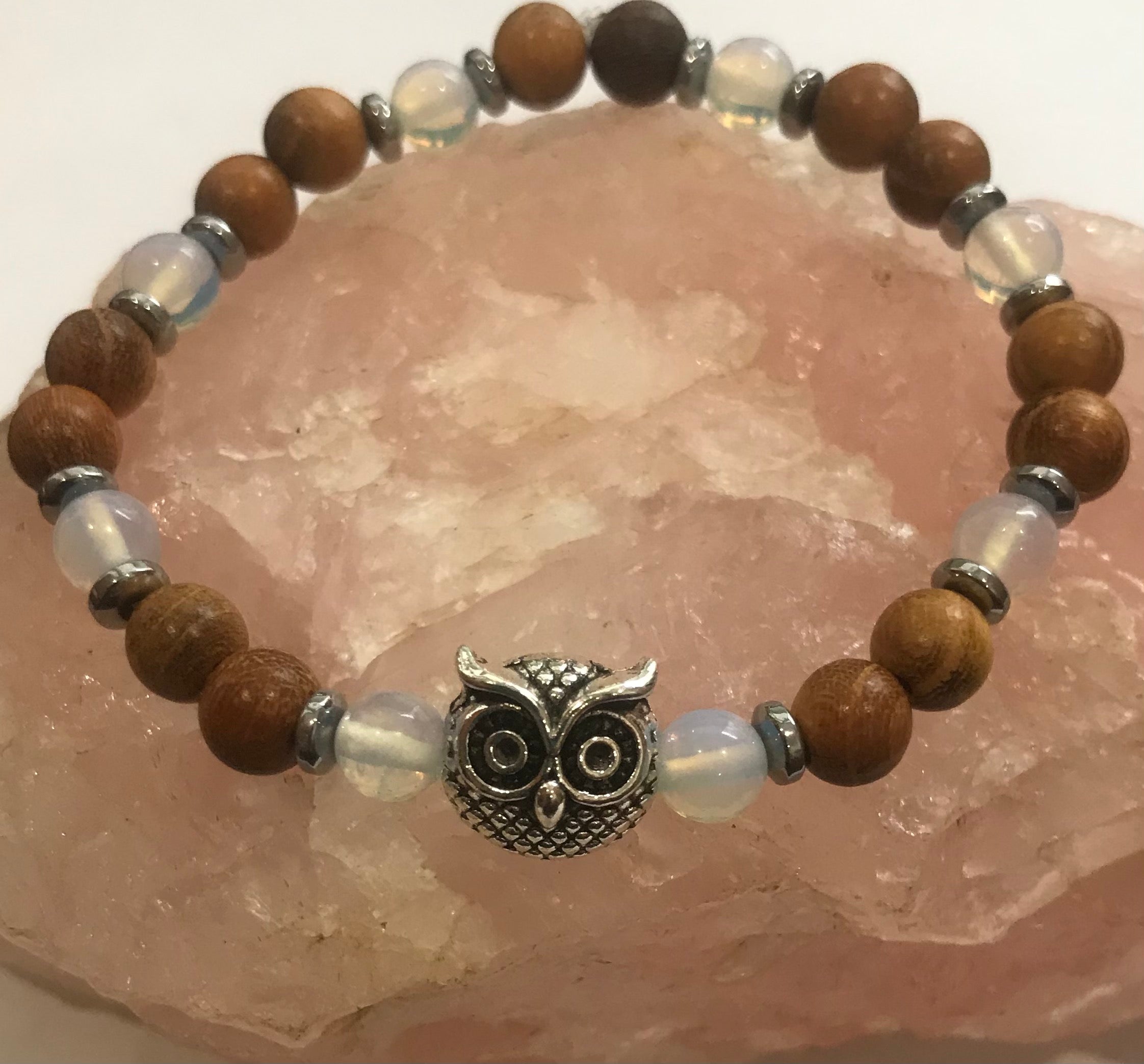 Owls with Opalite, Hematite and Wood Bracelet. This bracelet is a great size for petite wrists.