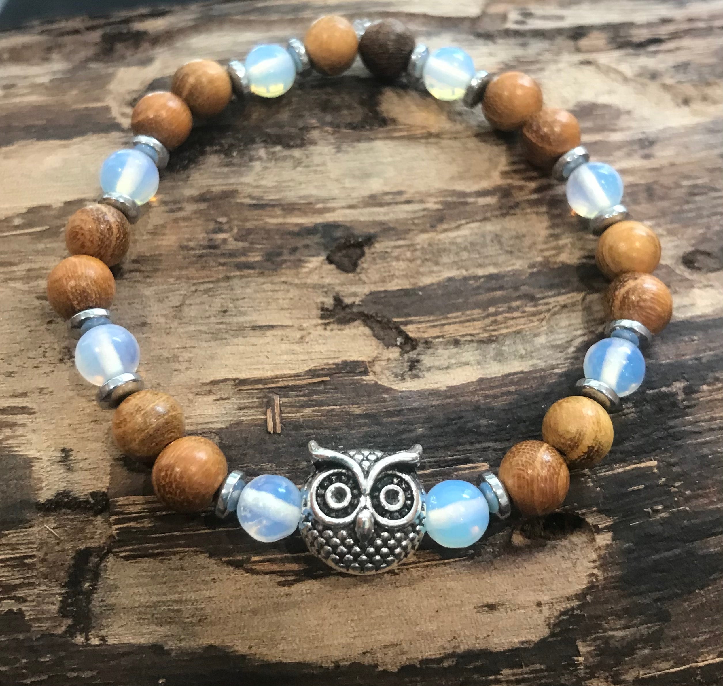 Owls with Opalite, Hematite and Wood Bracelet. This bracelet is a great size for petite wrists.