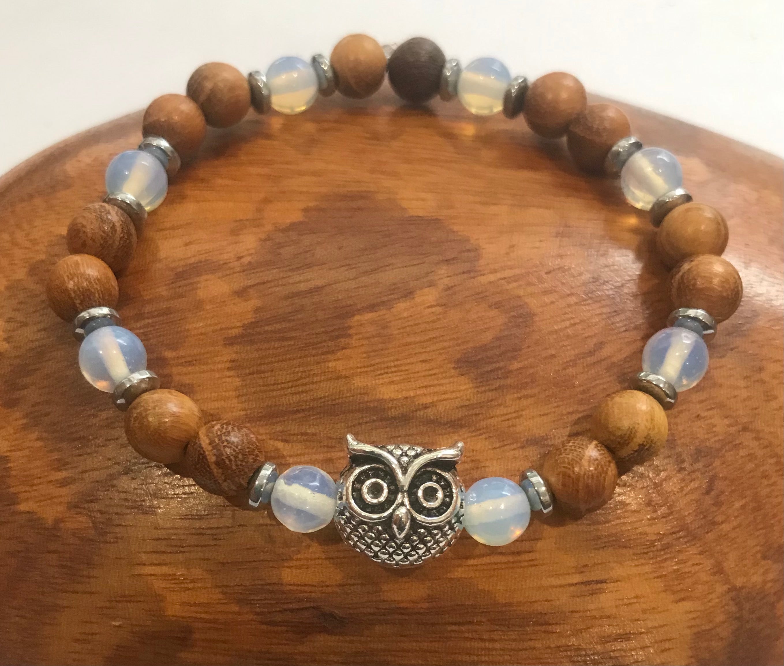 Owls with Opalite, Hematite and Wood Bracelet. This bracelet is a great size for petite wrists.