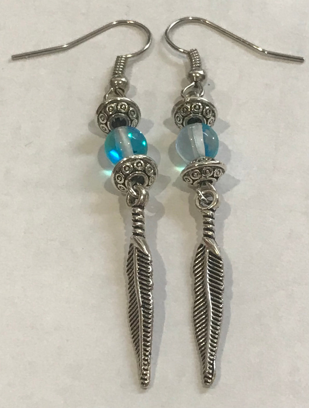 Feathers with Dark Aqua Blue Mystic Aura Quartz Earrings